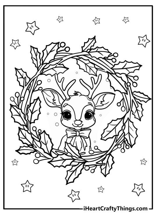 Christmas wreath with reindeer decoration fun coloring page