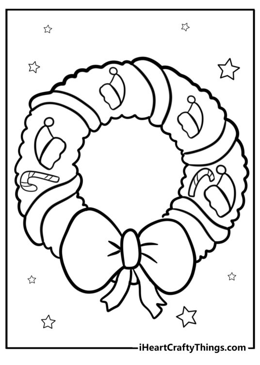 Christmas wreath with santa hat fun printable coloring sheet