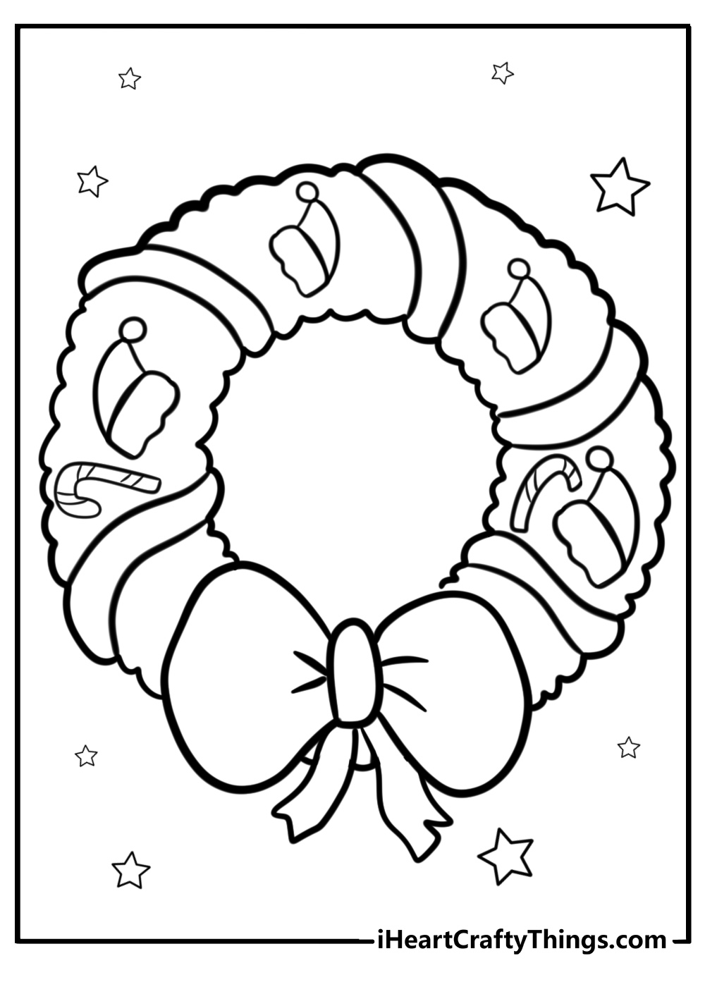 Christmas wreath with santa hat fun printable coloring sheet