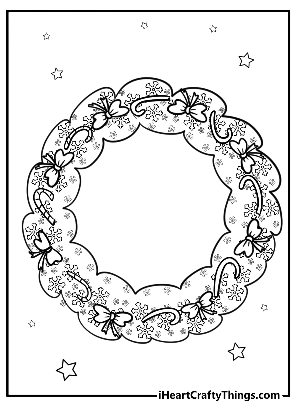 Christmas wreath with snowflakes free pdf coloring page