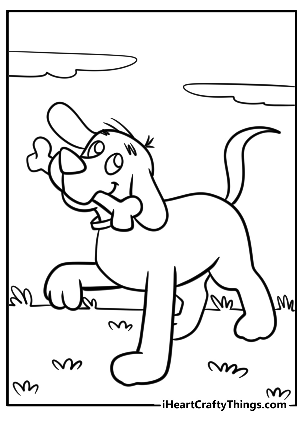 Clifford holding a giant bone detailed coloring sheet