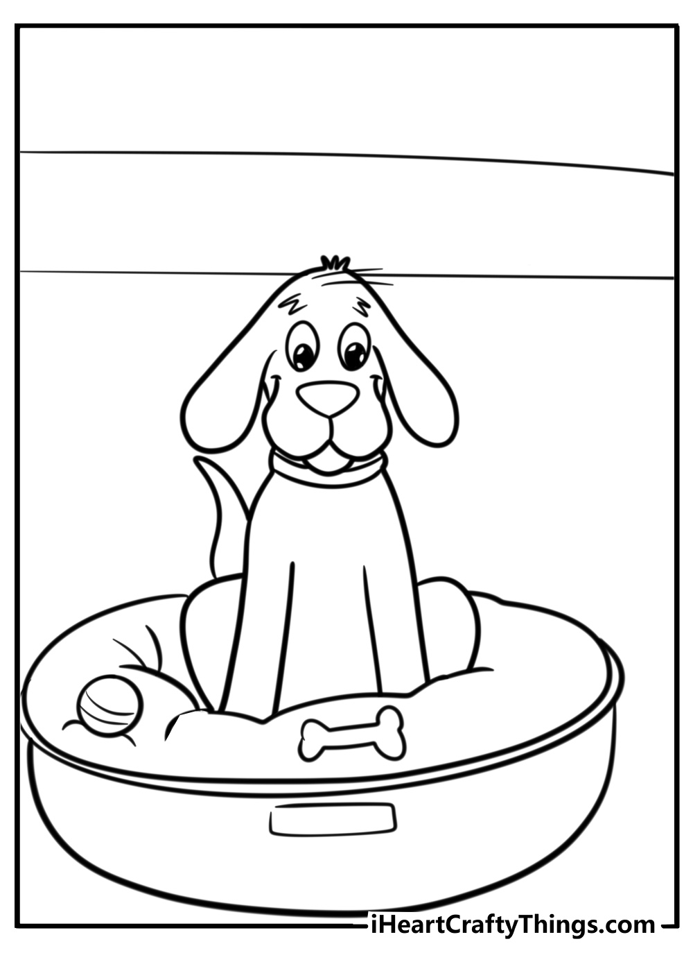 Clifford in a big dog bed with toys coloring page