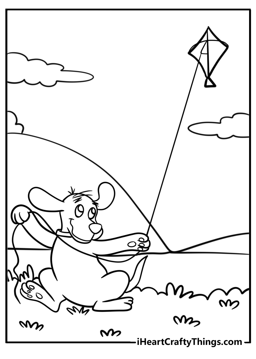 Clifford playing with a kite in the wind detailed coloring sheet