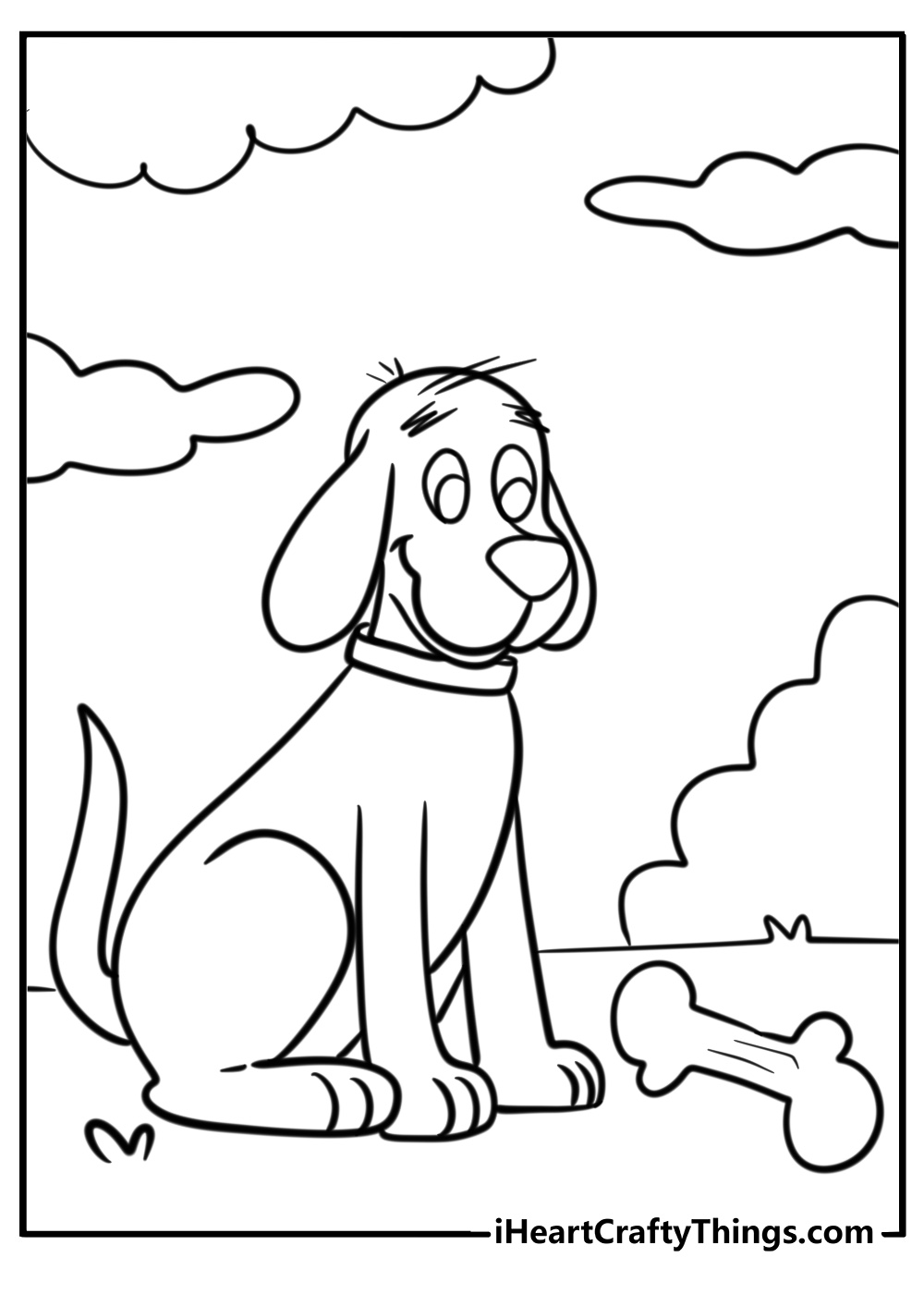 Clifford sitting proudly with a bone fun coloring sheet for kids