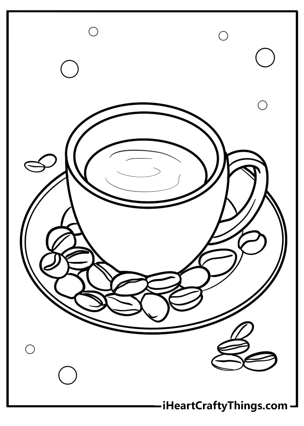 Coffee beans scattered around a mug fun printable coloring sheet