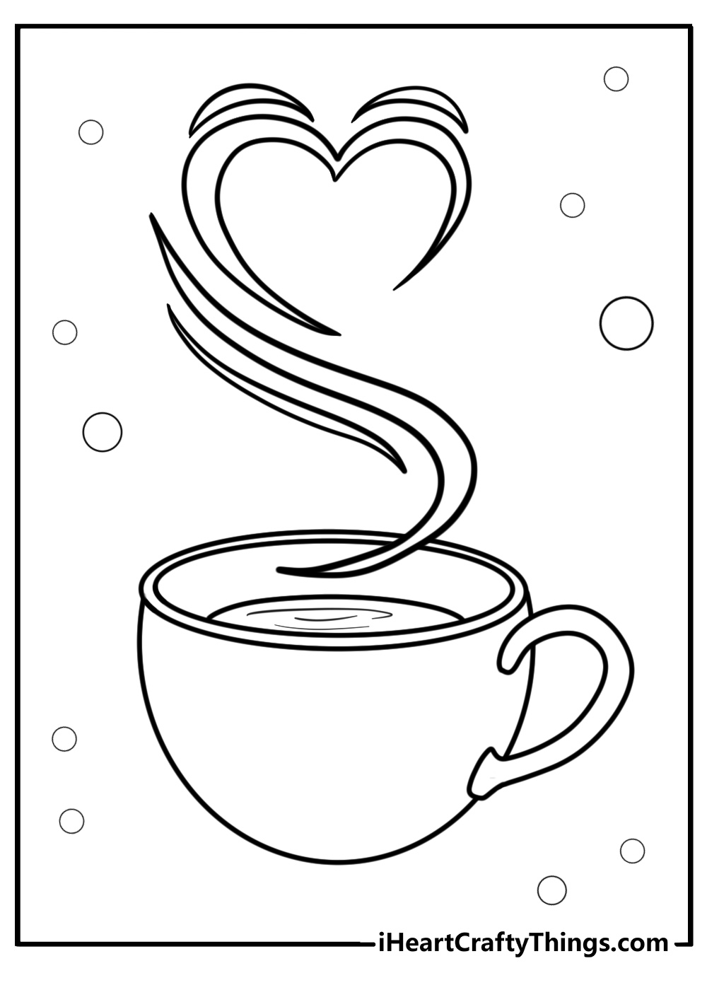 Coffee mug with heart shaped steam detailed coloring sheet