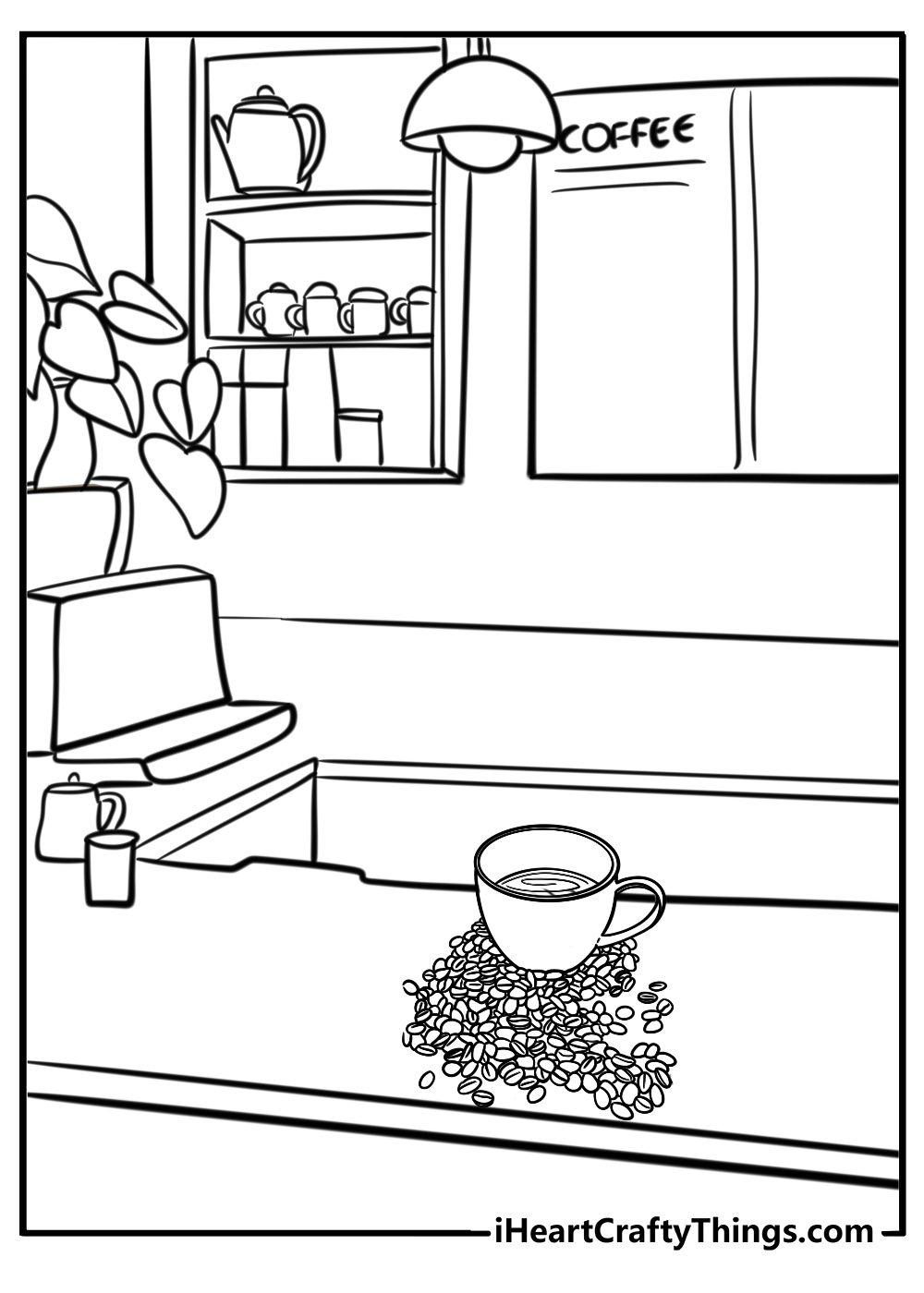 Coffee shop scene with cups and beans free coloring page pdf