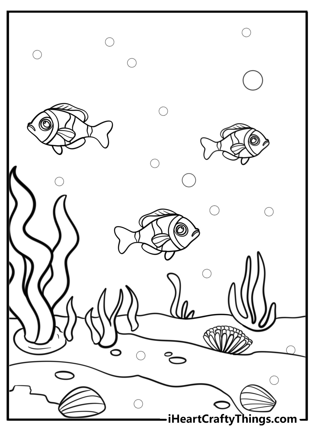 Colorful coral reef with fish coloring page for kids
