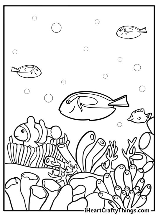 Coral reef and sea creatures printable coloring page