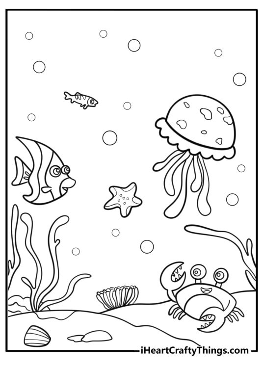 Coral reef ecosystem with fish free coloring page pdf