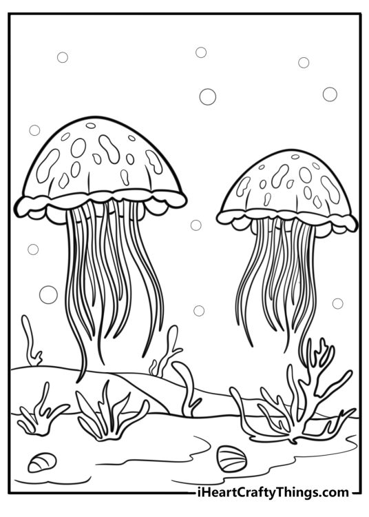 Coral reef scene with jellyfish free printable coloring page