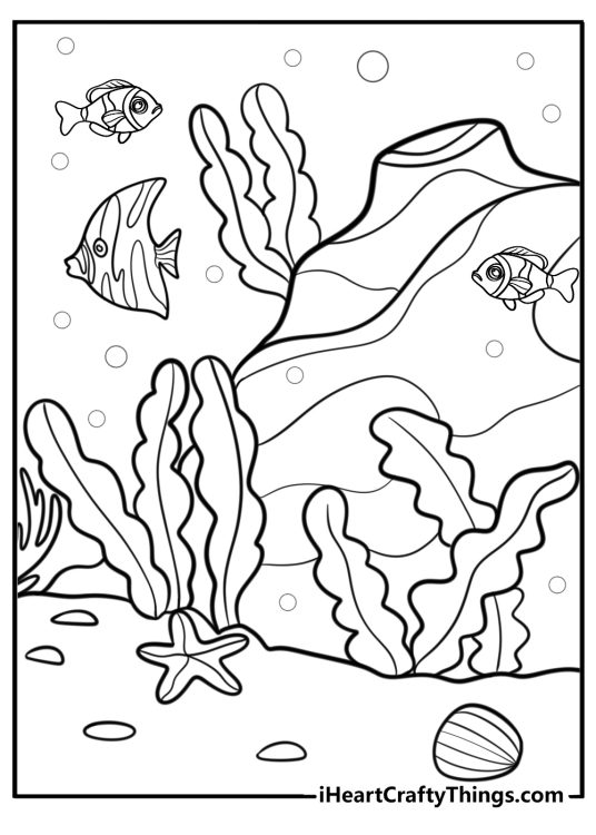Coral reef with seaweed and fish printable coloring page