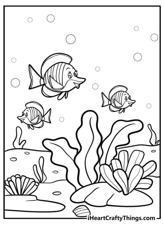 Coral reef with tropical fish free coloring page pdf