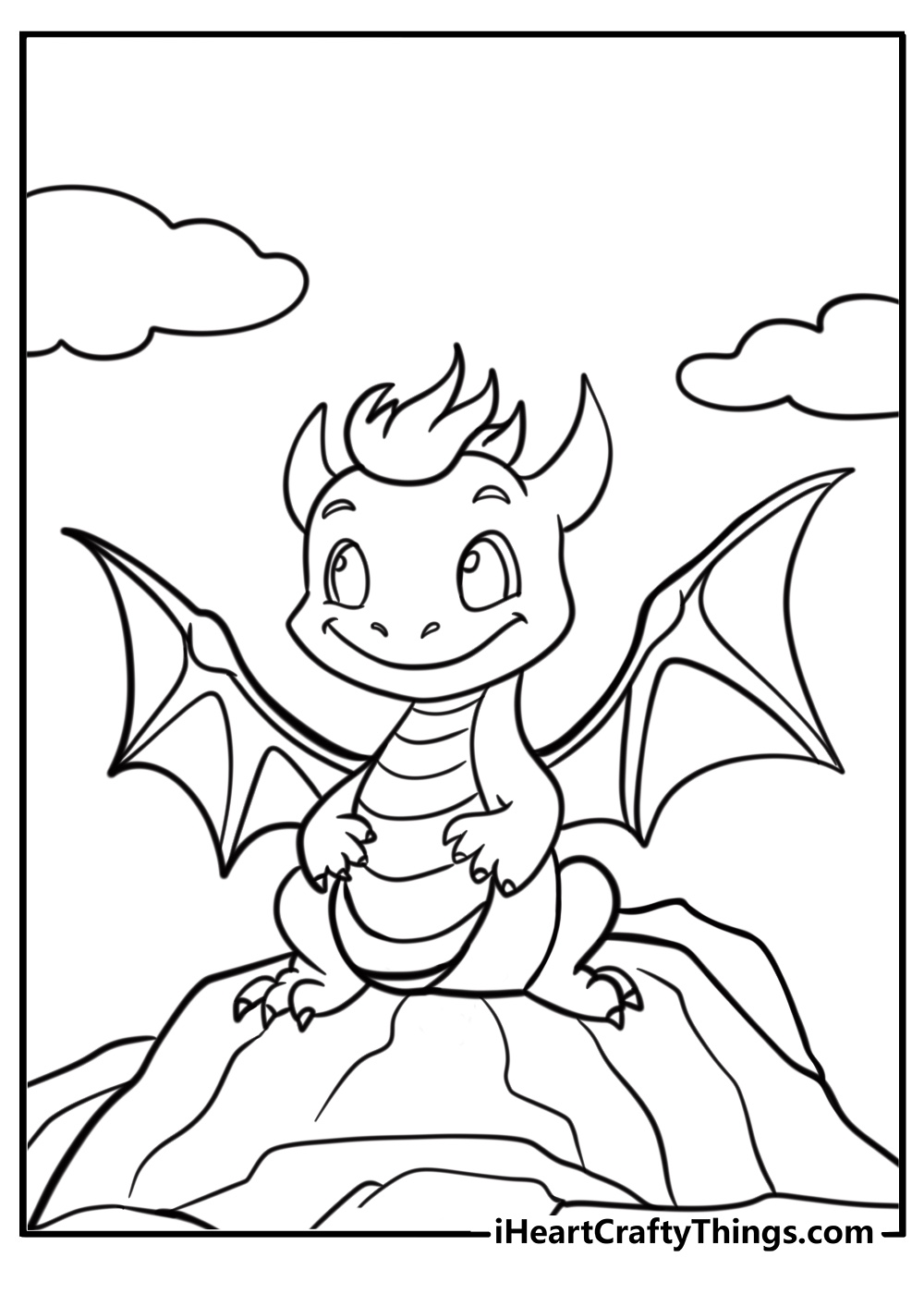 Cute baby dragon sitting on a rock coloring sheet