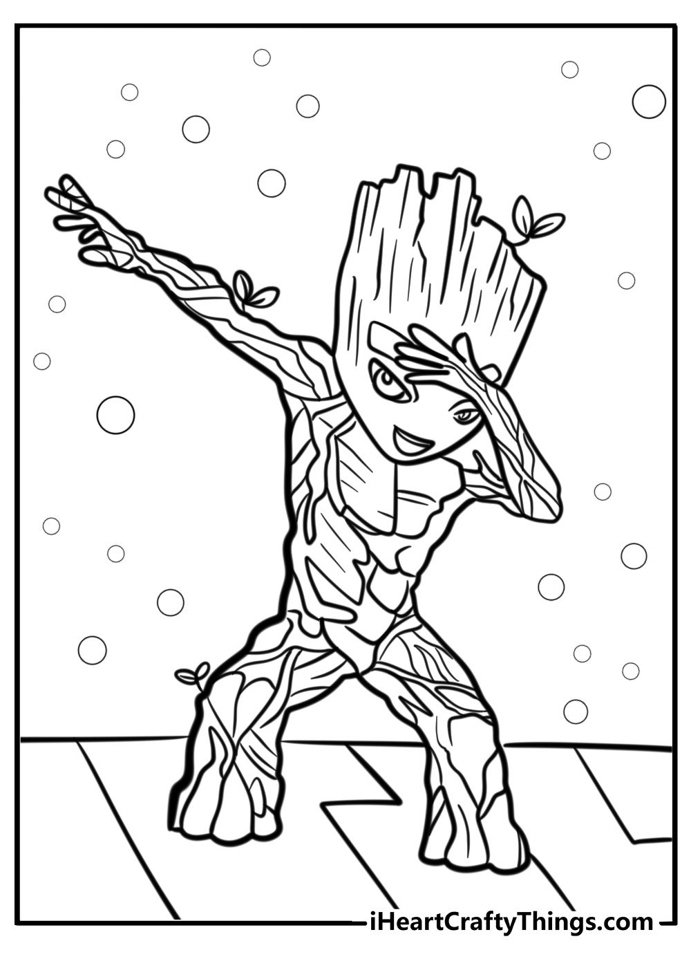 Cute baby groot dancing to music fun coloring sheet