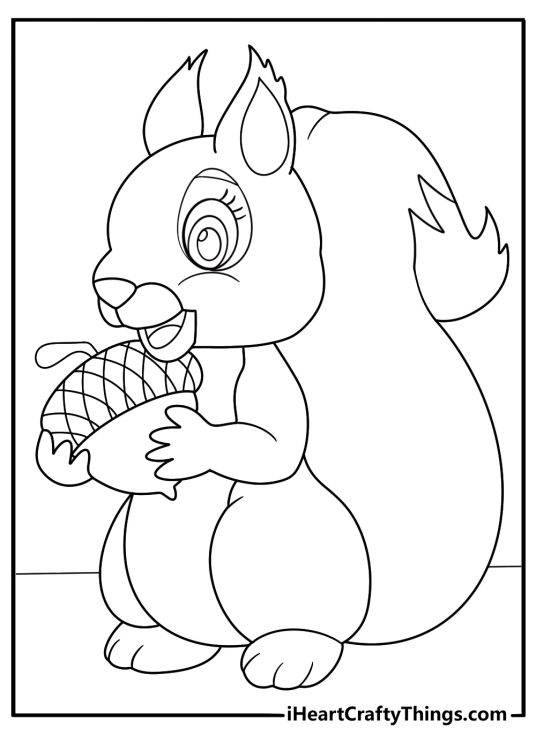 cute cartoon squirrel holding acorn thanksgiving coloring page for kids