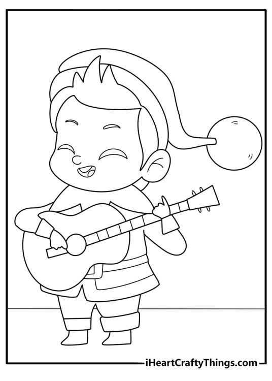 cute christmas elf kawaii coloring sheet tuning a tiny guitar for the north pole band
