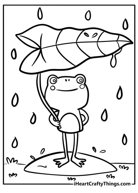Cute frog in the rain holding a leaf fun coloring sheet