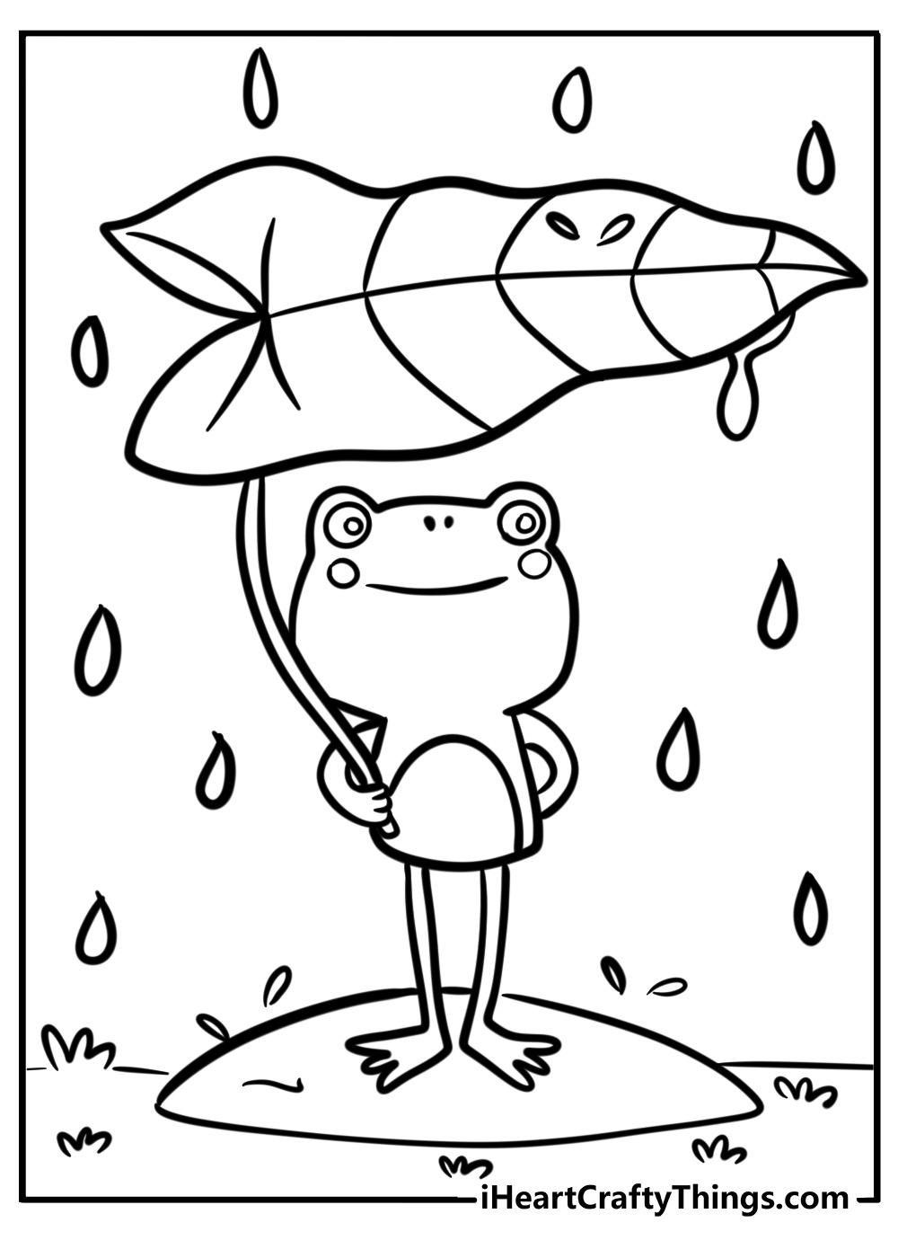 Cute frog in the rain holding a leaf fun coloring sheet