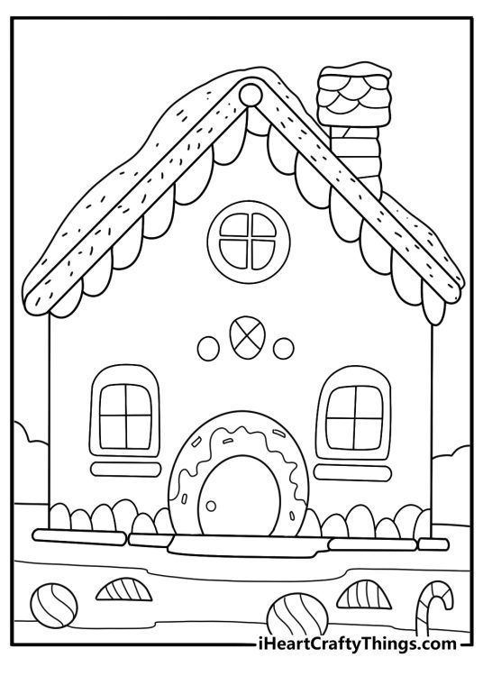 cute gingerbread bakery printable coloring page with donut door and powdered sugar roof pdf