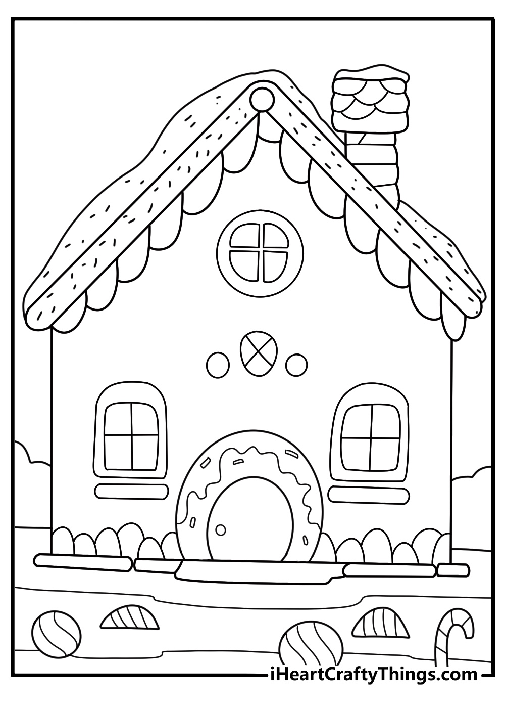 cute gingerbread bakery printable coloring page with donut door and powdered sugar roof pdf