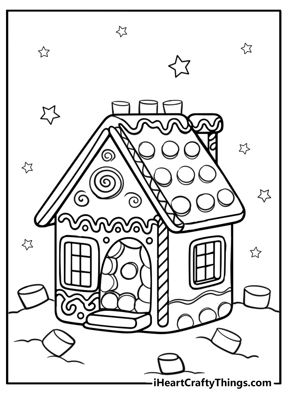 Cute gingerbread house with marshmallow roof coloring page