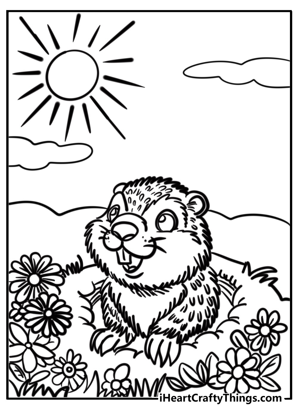 Cute groundhog peeking out fun coloring sheet