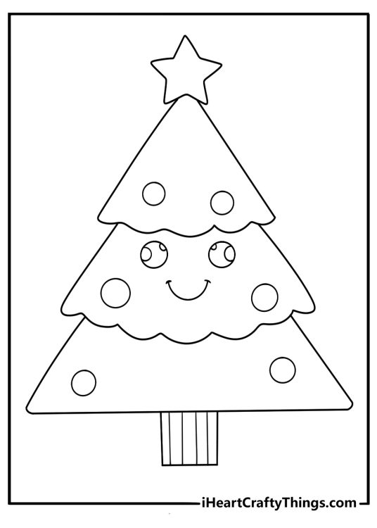 cute kawaii christmas tree with big eyes and ornaments fun coloring sheet for children