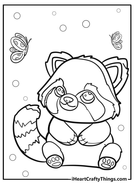 Printable pdf of a red panda sitting surrounded by bubbles and watching butterflies