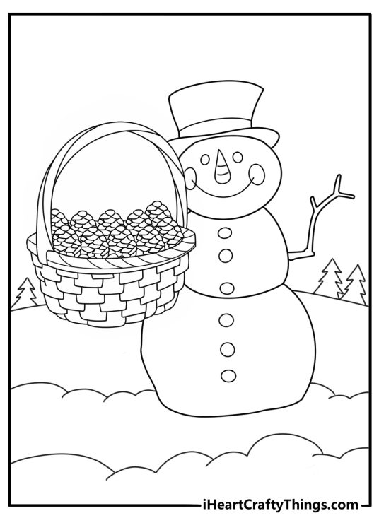 cute snowman coloring page snowman carrying a basket of pinecones