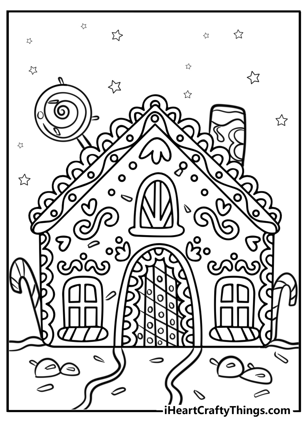 Decorative gingerbread house with frosting and sprinkles coloring sheet