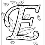 Decorative letter e with leaves detailed coloring sheet