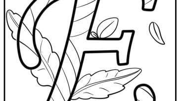 Decorative letter e with leaves detailed coloring sheet