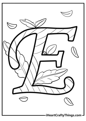 Decorative letter e with leaves detailed coloring sheet