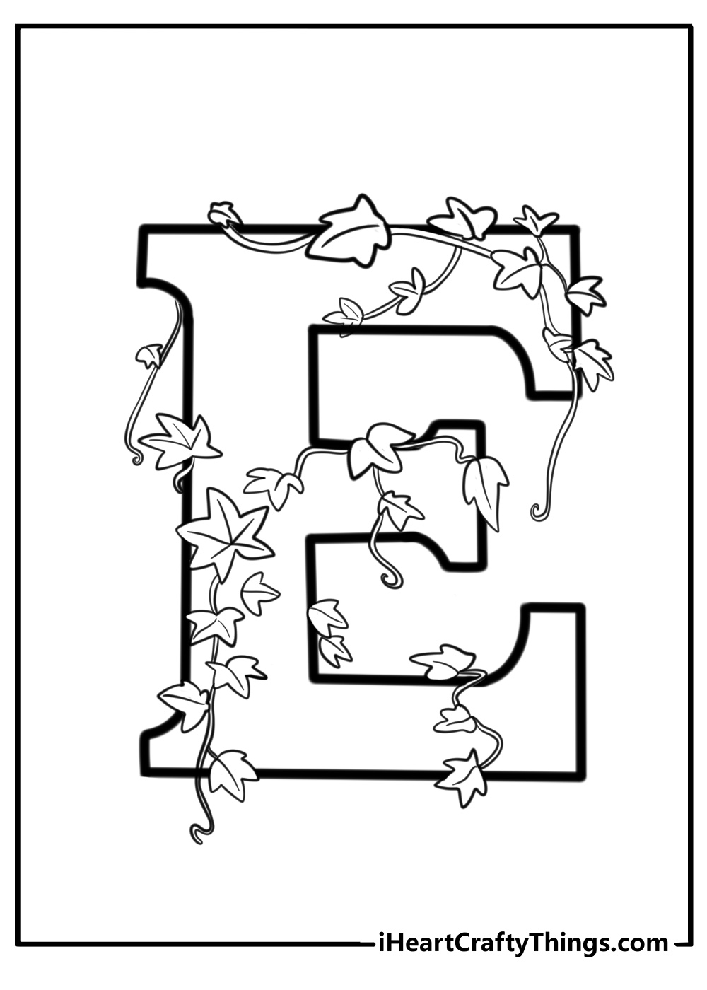 Decorative letter e with vines coloring page for kids