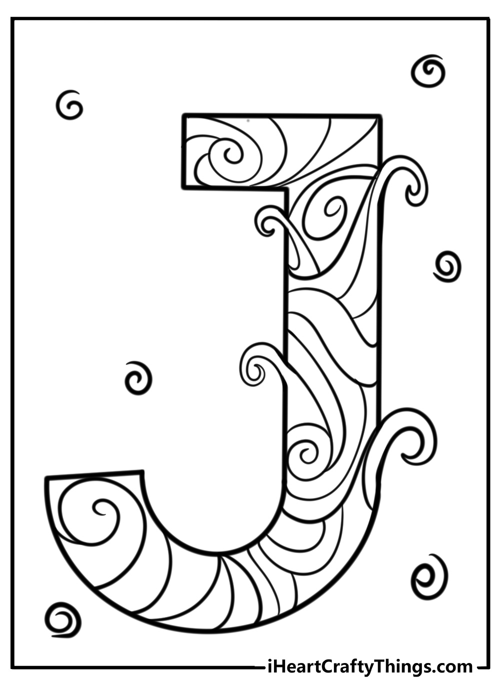 Decorative letter j with swirls detailed coloring sheet