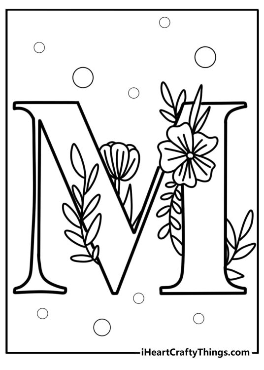 Decorative letter m with flowers coloring page for kids