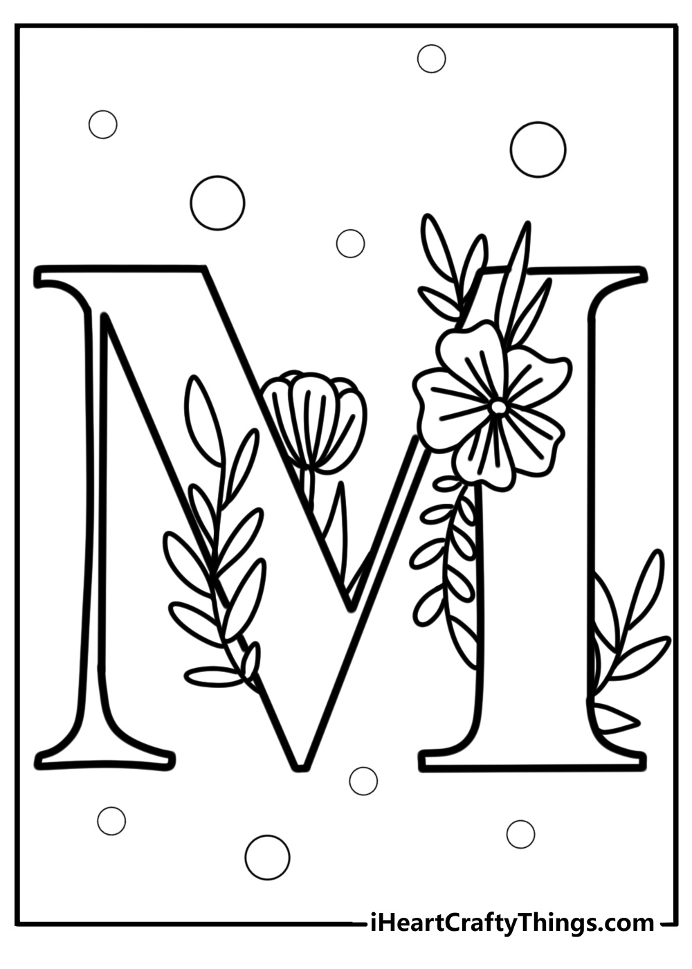 Decorative letter m with flowers coloring page for kids