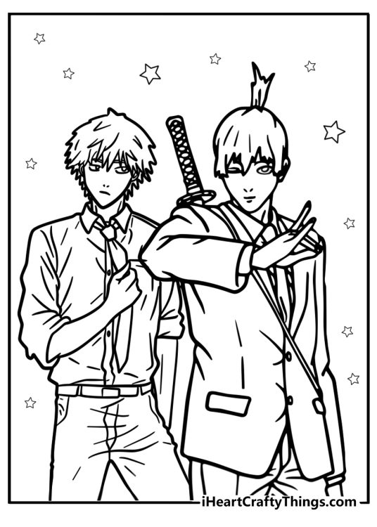 Denji and aki ready to fight printable coloring page