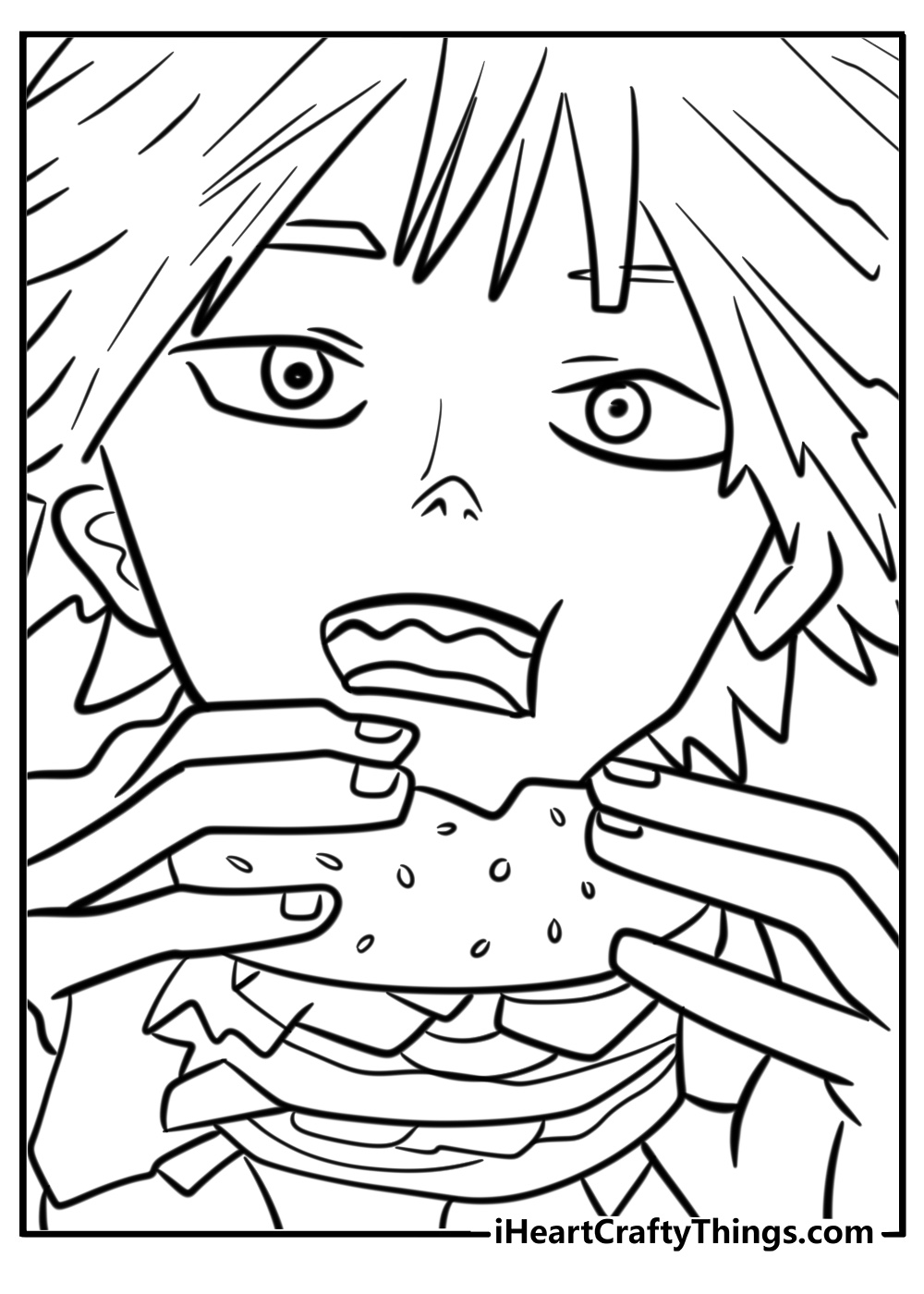 Denji eating a burger printable coloring page