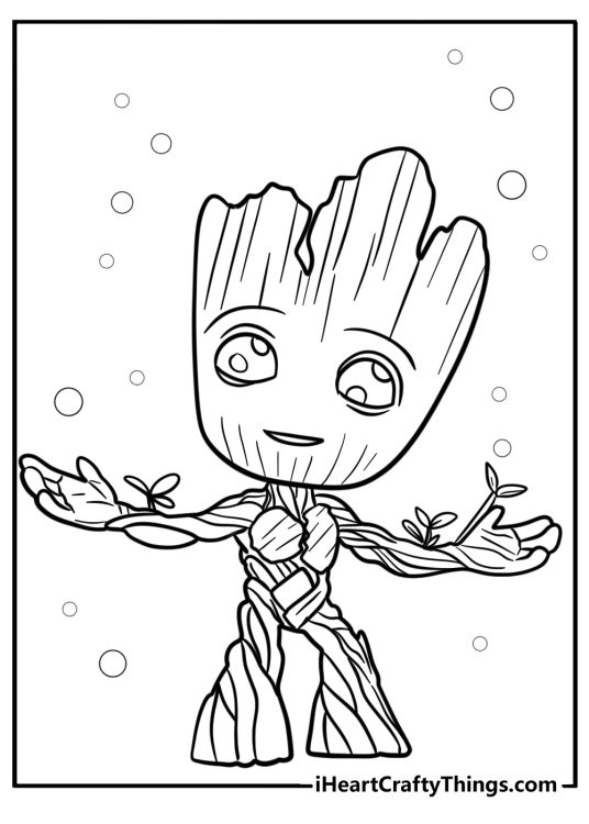 Detailed baby groot dancing coloring page for kids