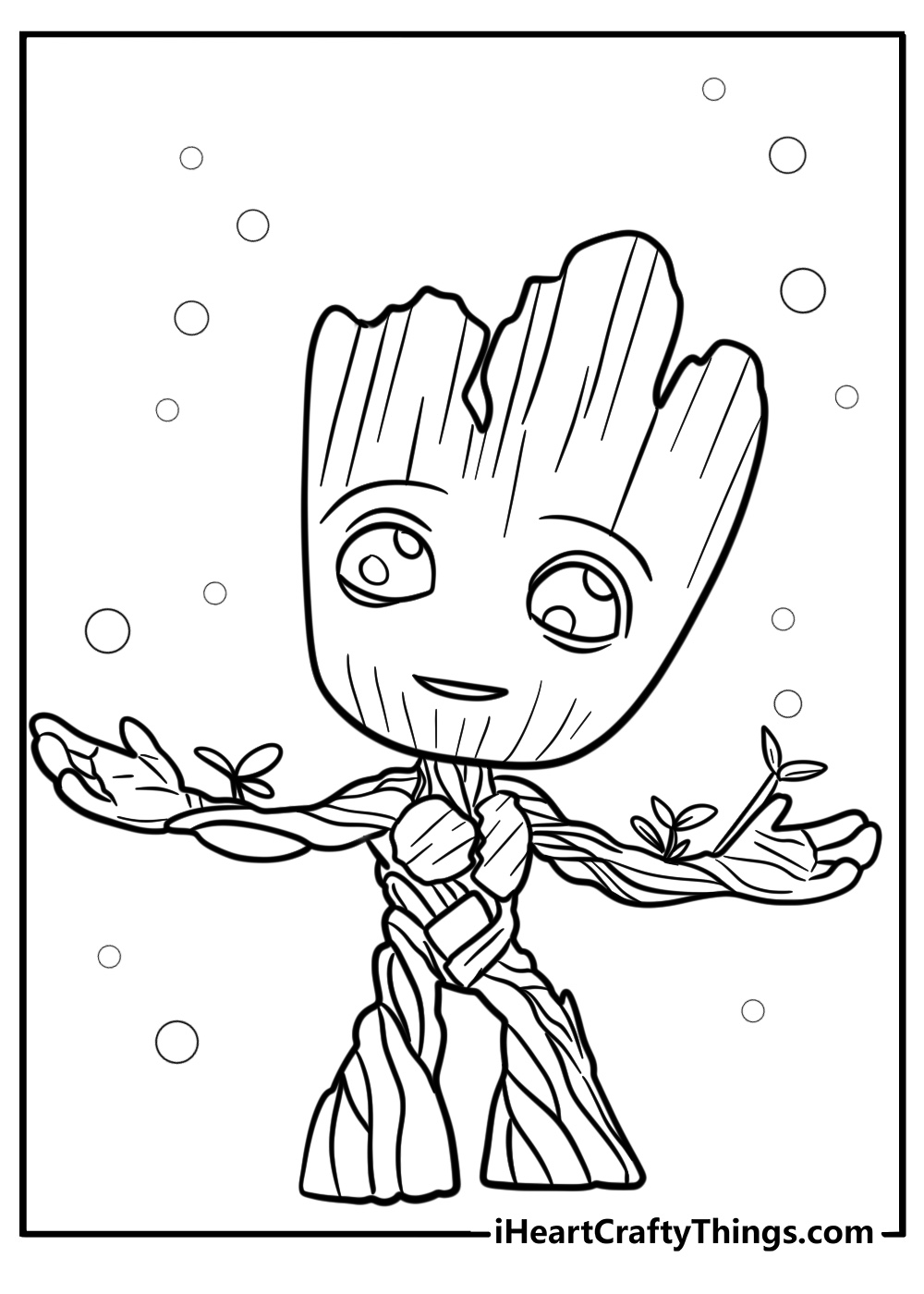 Detailed baby groot dancing coloring page for kids