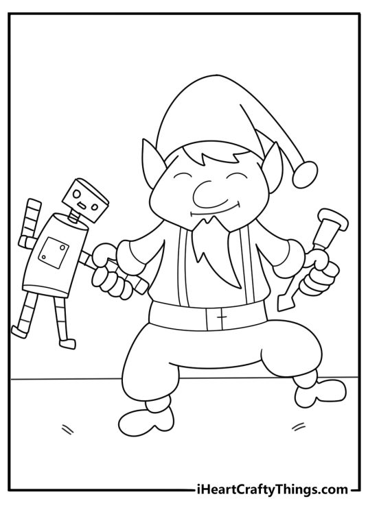 detailed christmas elf coloring page building a toy robot with a tiny screwdriver