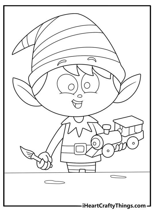 detailed christmas elf coloring sheet painting a wooden toy train at a small workbench