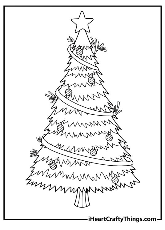 detailed christmas tree with ribbons garlands and pine branches free coloring page pdf