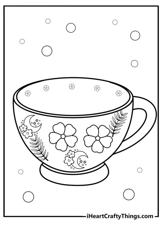 Detailed coffee cup with floral designs coloring sheet