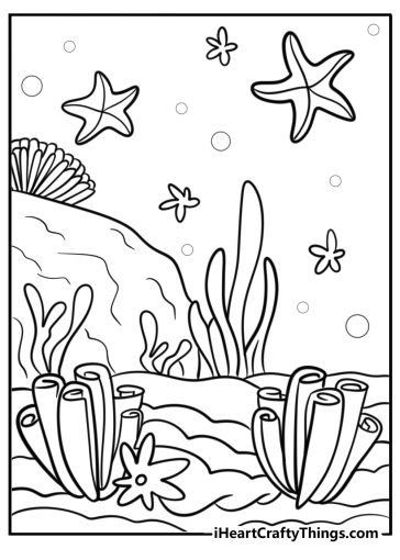 Detailed coral reef with starfish coloring sheet