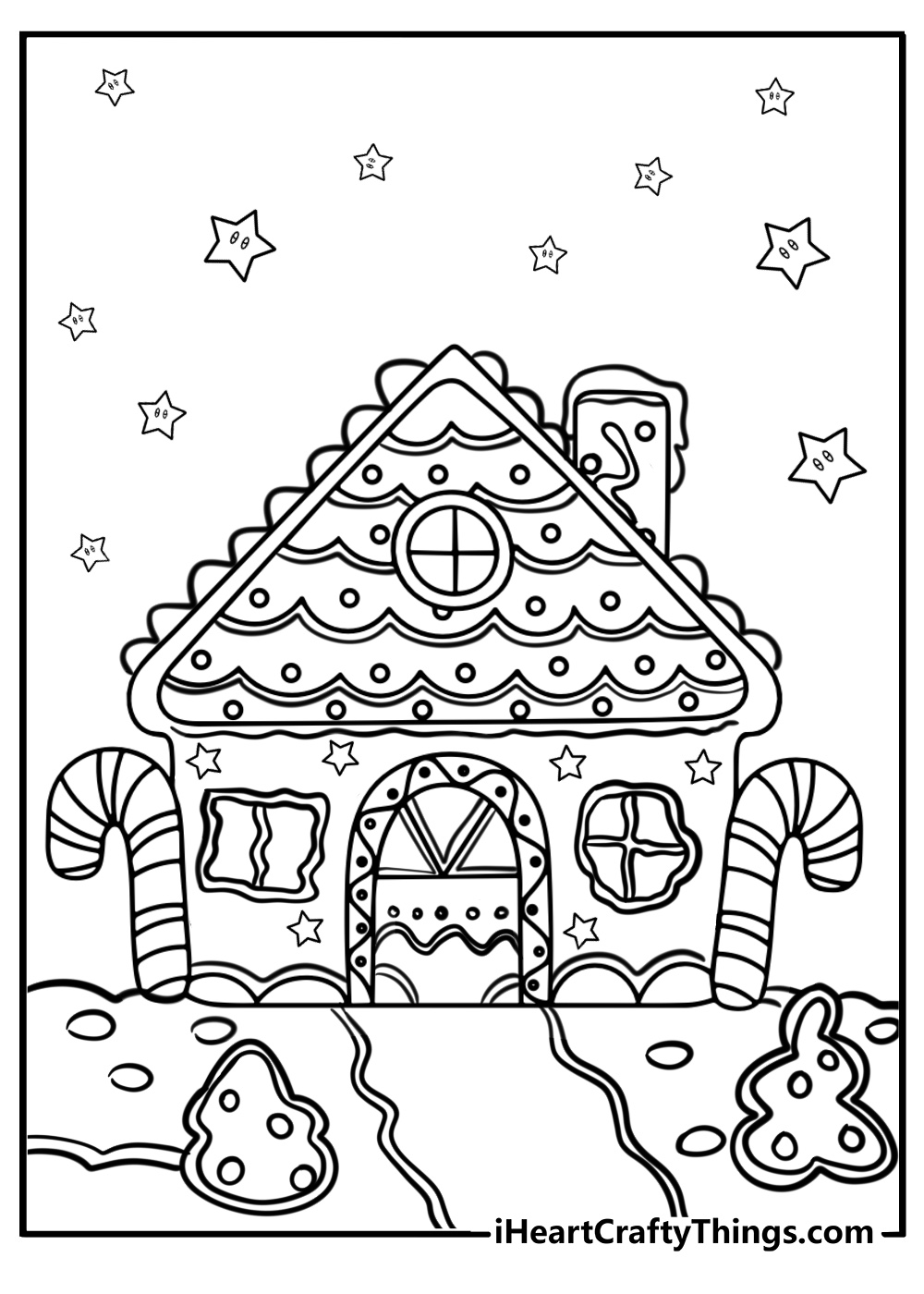 Detailed gingerbread house with frosting decorations coloring page