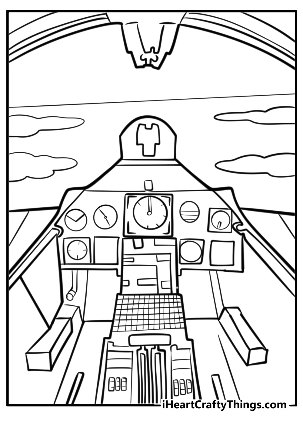 Detailed jet cockpit view from above coloring sheet