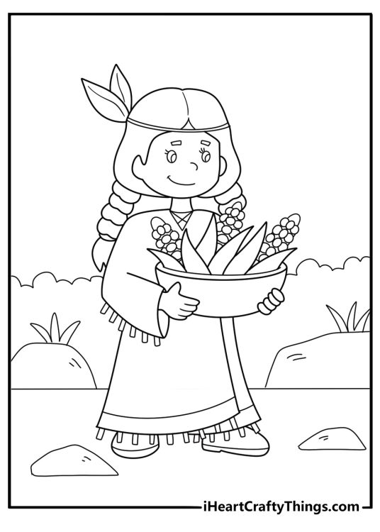 detailed native american woman with corn thanksgiving coloring page for adults